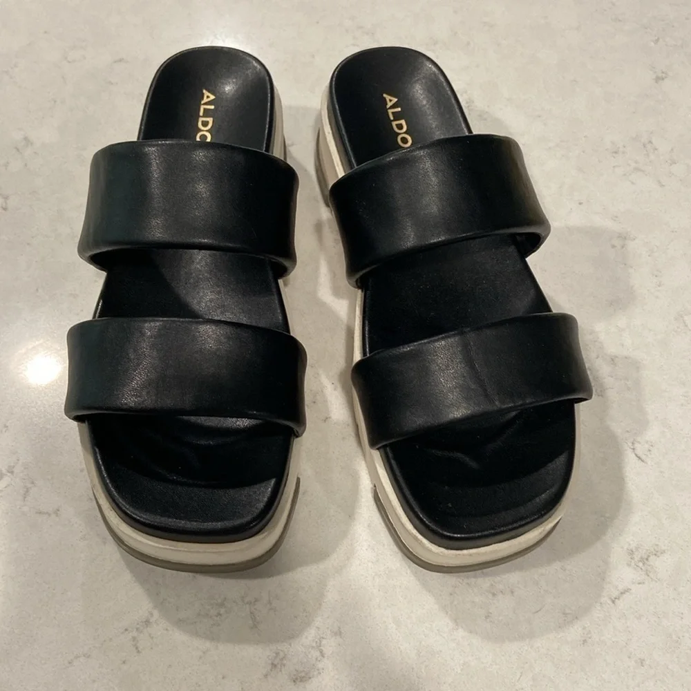 Aldo black slip on platform slide sandal size 8